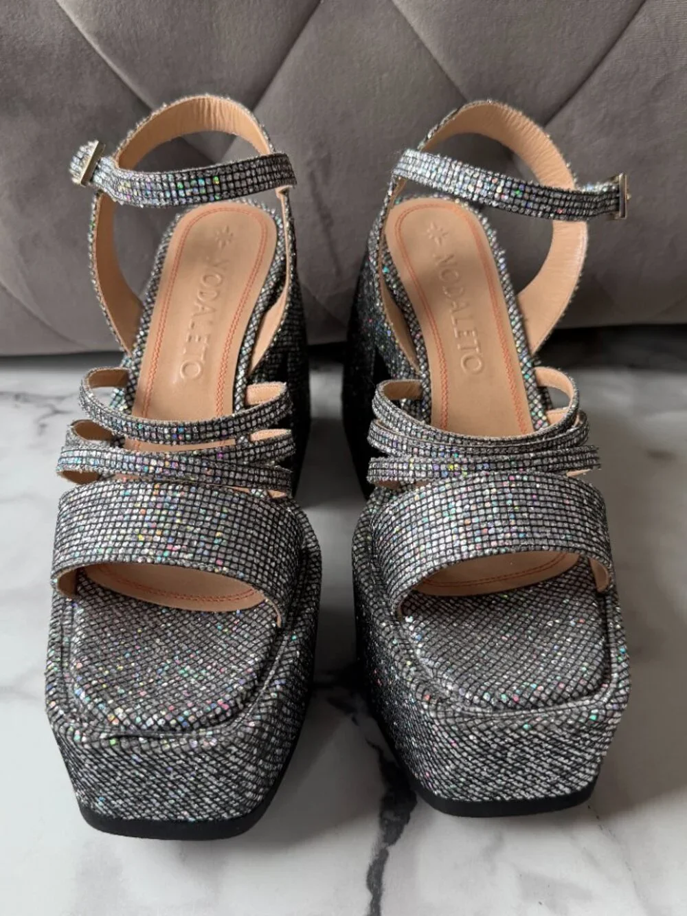 Nodaleto Bulla Chibi Silver Glitter Platform Sandals Size EU 38